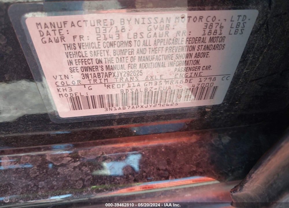 2018 NISSAN SENTRA S VIN: 3N1AB7APXJY292625