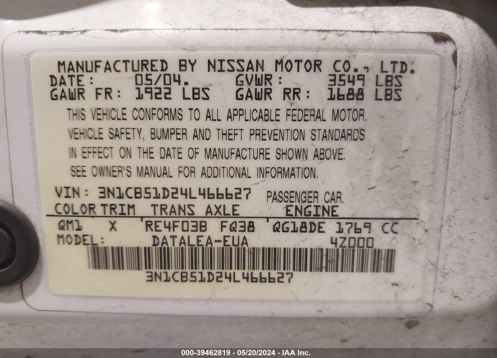 2004 NISSAN SENTRA 1.8S VIN: 3N1CB51D24L466627
