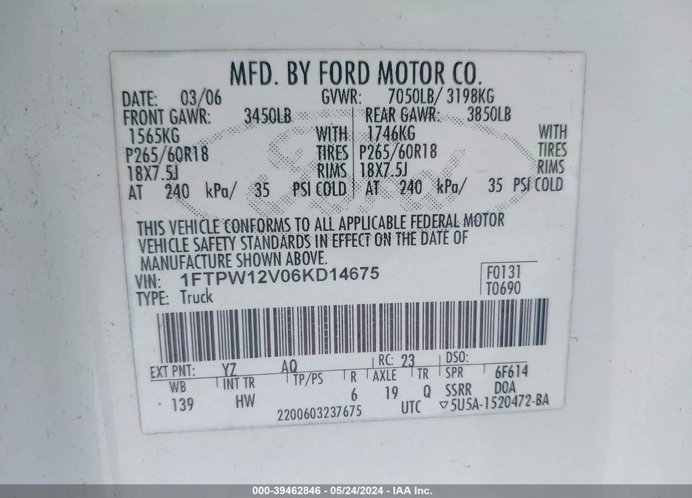 2006 FORD F-150 LARIAT/XLT VIN: 1FTPW12V06KD14675