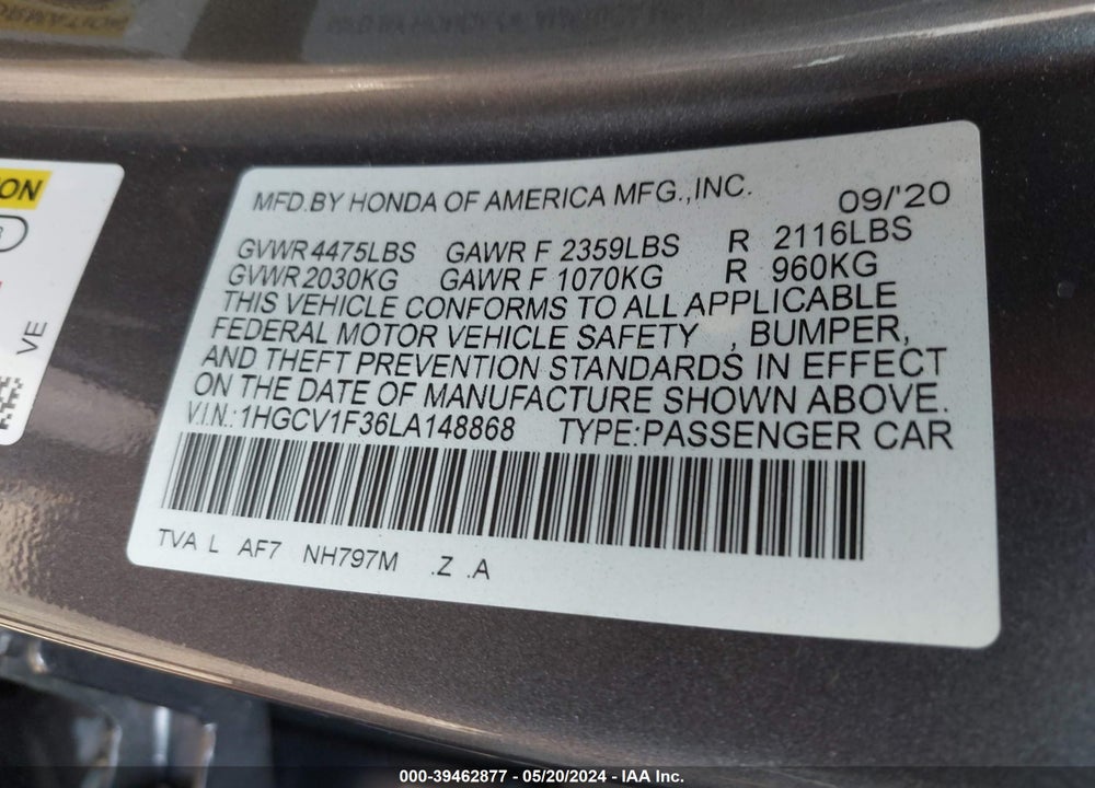 2020 HONDA ACCORD VIN: 1HGCV1F36LA148868