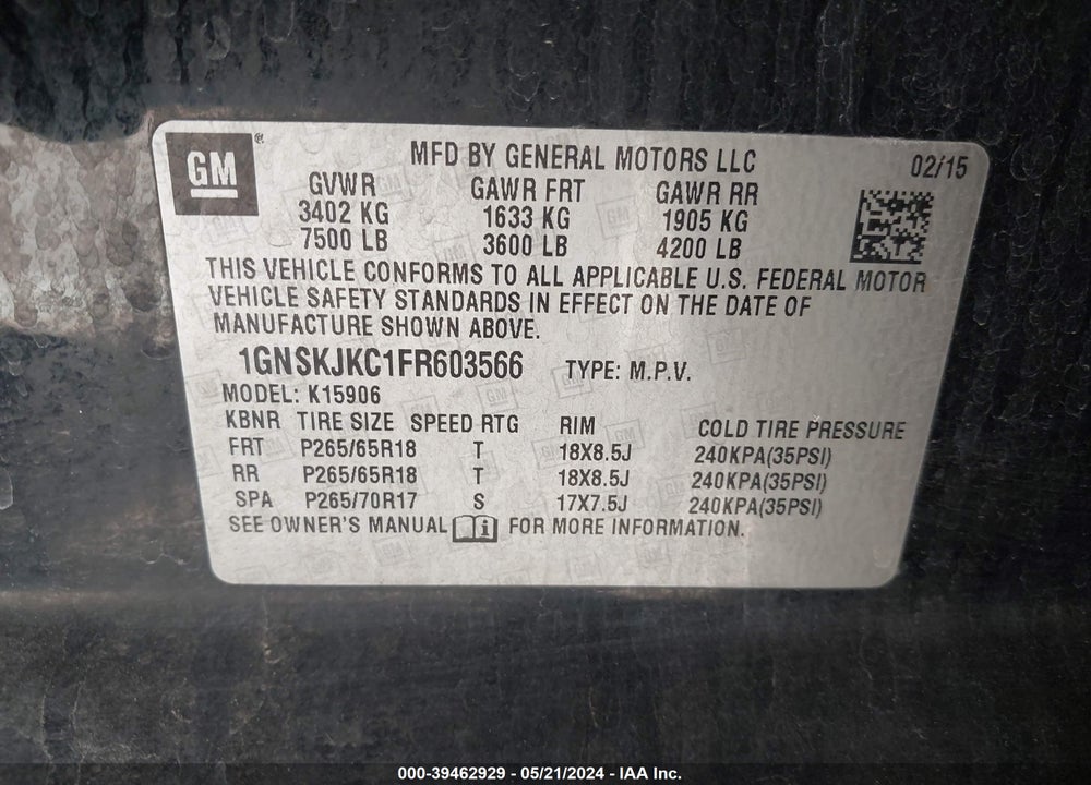 2015 CHEVROLET SUBURBAN 1500 LT VIN: 1GNSKJKC1FR603566