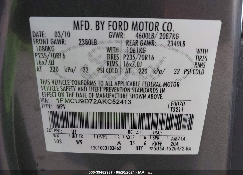 2010 FORD ESCAPE XLT VIN: 1FMCU9D72AKC52413