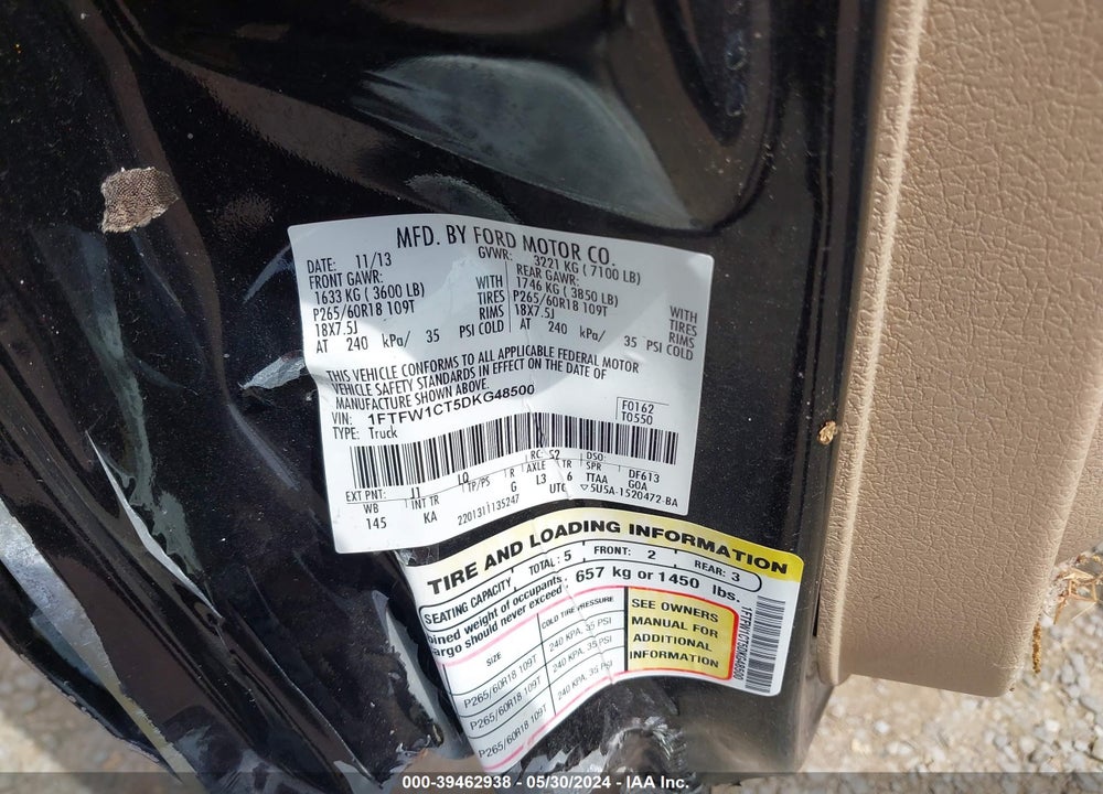 2013 FORD F-150 FX2/KING RANCH/LARIAT/LIMITED/PLATINUM/XL/XLT VIN: 1FTFW1CT5DKG48500