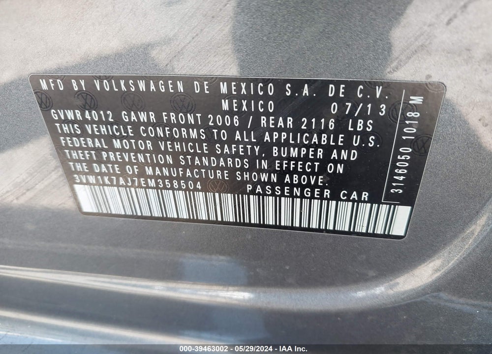 2014 VOLKSWAGEN JETTA 2.0L S VIN: 3VW1K7AJ7EM358504