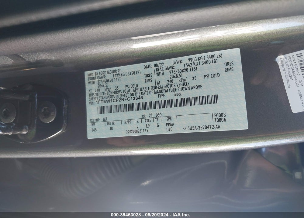 2022 FORD F-150 XL VIN: 1FTEW1CP2NFC13846