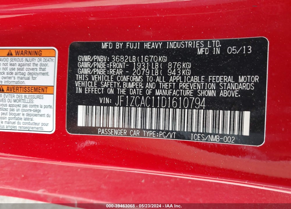 2013 SUBARU BRZ LIMITED VIN: JF1ZCAC11D1610794