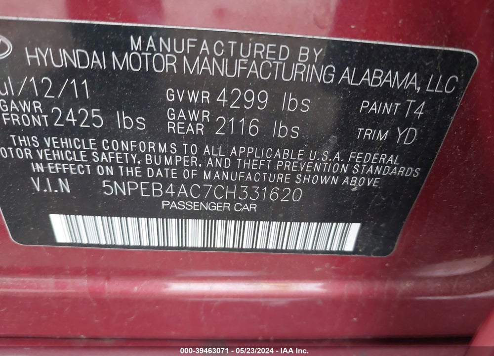 2012 HYUNDAI SONATA GLS VIN: 5NPEB4AC7CH331620