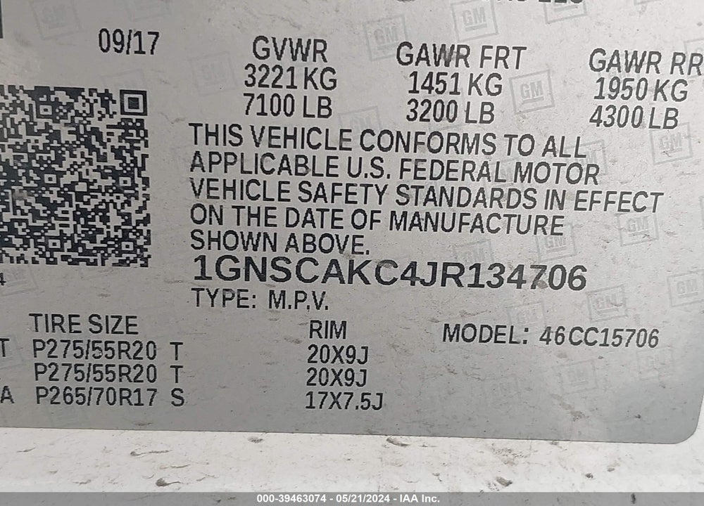 2018 CHEVROLET TAHOE LS VIN: 1GNSCAKC4JR134706