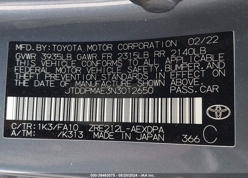 2022 TOYOTA COROLLA L VIN: JTDDPMAE3N3012650