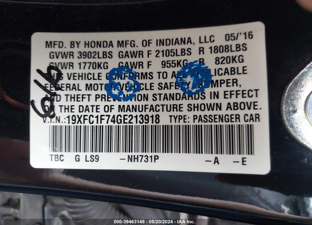 2016 HONDA CIVIC EX-L VIN: 19XFC1F74GE213918