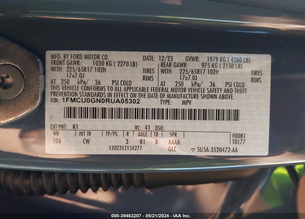 2024 FORD ESCAPE ACTIVE VIN: 1FMCU0GN0RUA05302