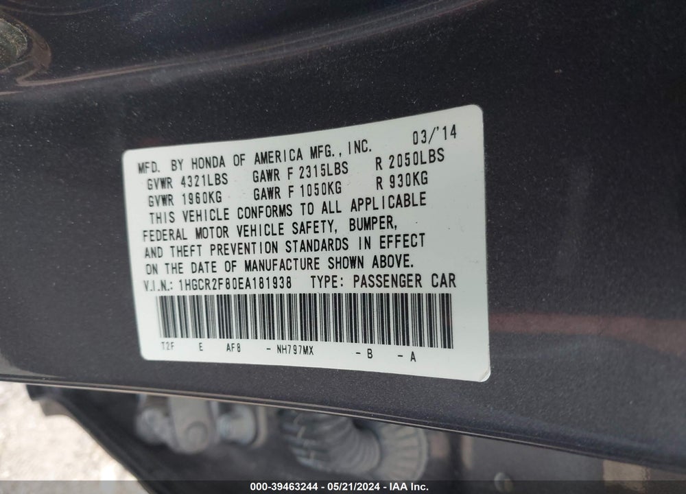 2014 HONDA ACCORD EX-L VIN: 1HGCR2F80EA181938