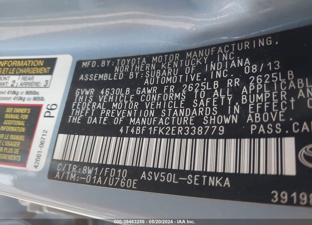 2014 TOYOTA CAMRY VIN: 4T4BF1FK2ER338779