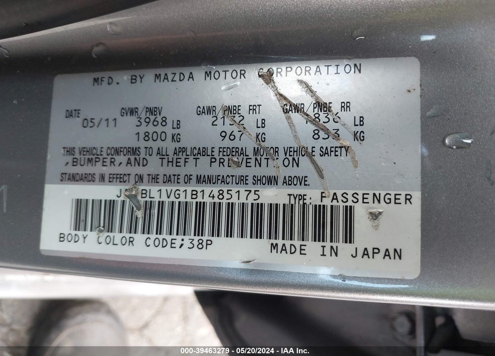 2011 MAZDA 3 I TOURING VIN: JM1BL1VG1B1485175