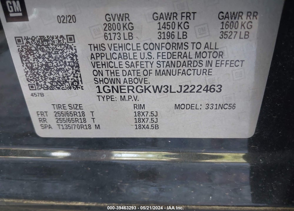 2020 CHEVROLET TRAVERSE FWD LT CLOTH VIN: 1GNERGKW3LJ222463