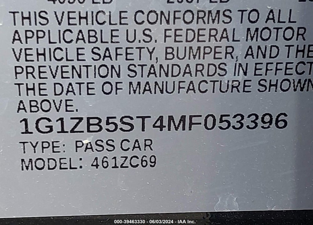 2021 CHEVROLET MALIBU FWD LS VIN: 1G1ZB5ST4MF053396