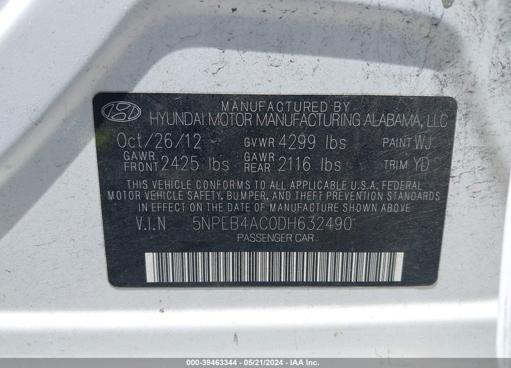 2013 HYUNDAI SONATA GLS VIN: 5NPEB4AC0DH632490