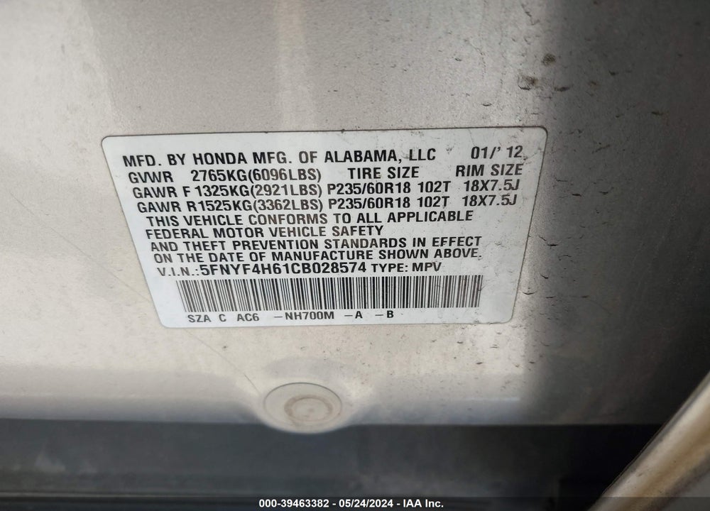 2012 HONDA PILOT EX-L VIN: 5FNYF4H61CB028574