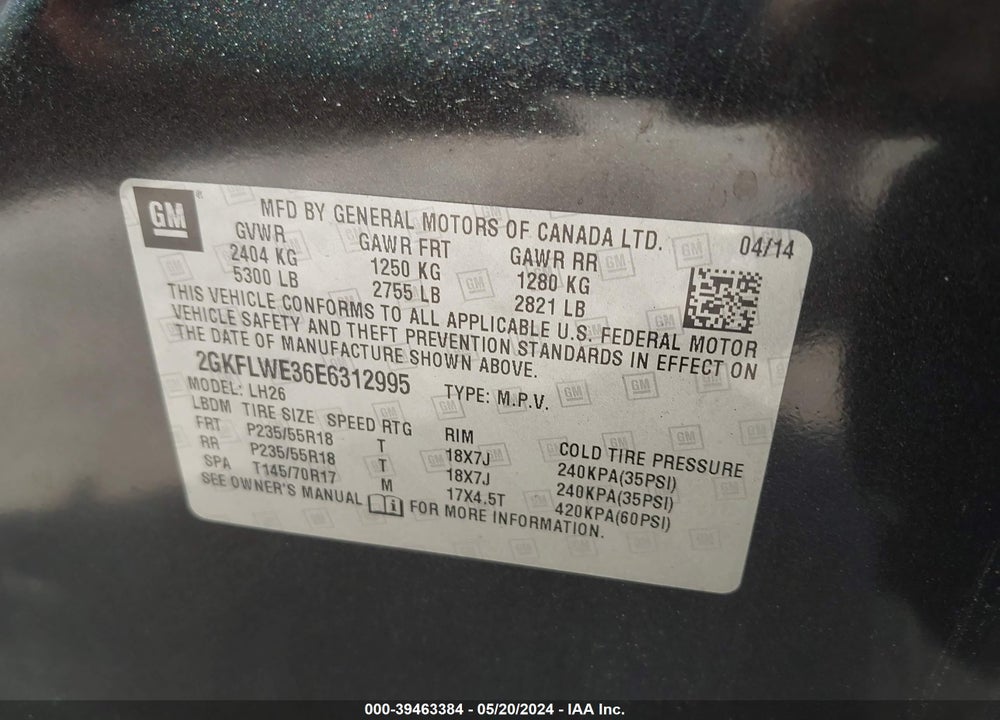 2014 GMC TERRAIN SLE VIN: 2GKFLWE36E6312995
