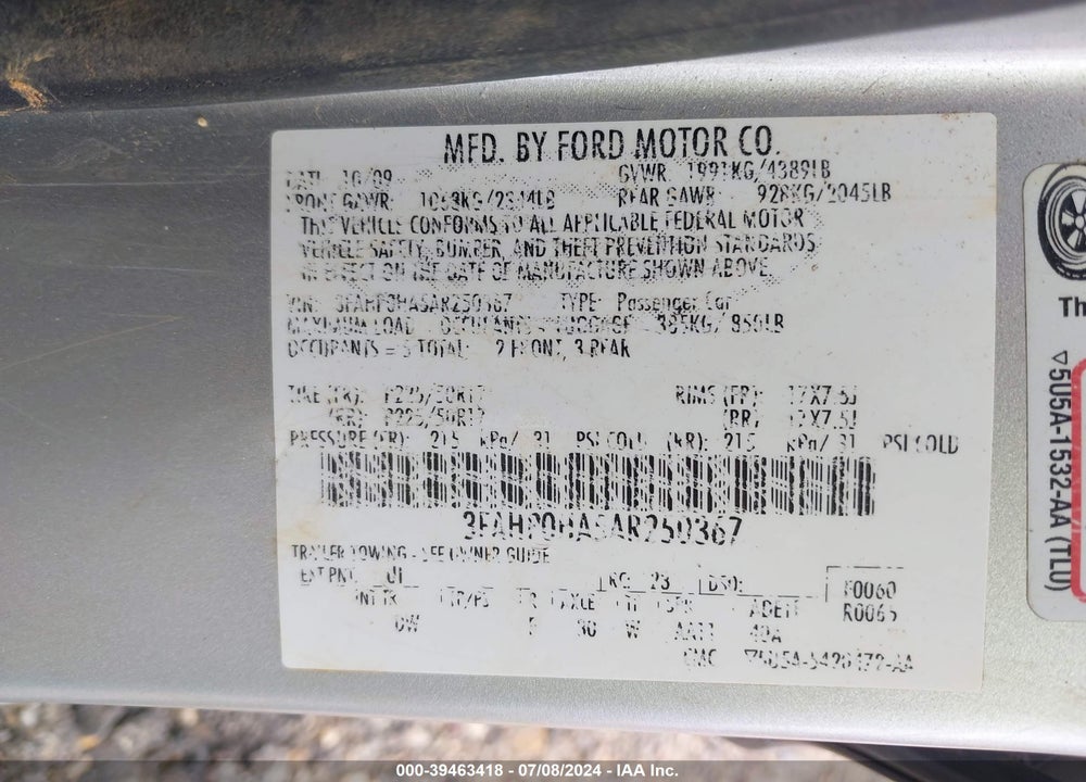 2010 FORD FUSION SE VIN: 3FAHP0HA5AR250367