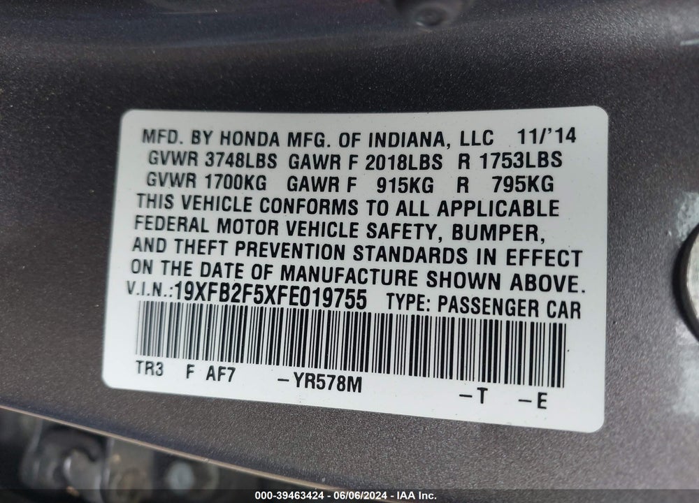 2015 HONDA CIVIC LX VIN: 19XFB2F5XFE019755