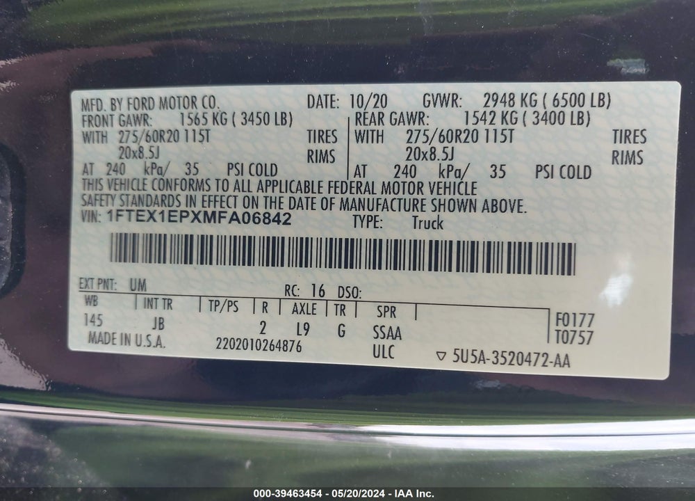 2021 FORD F-150 XL VIN: 1FTEX1EPXMFA06842