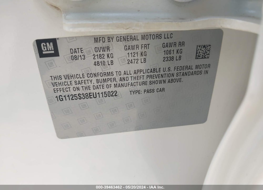 2014 CHEVROLET IMPALA 2LT VIN: 1G1125S38EU115022