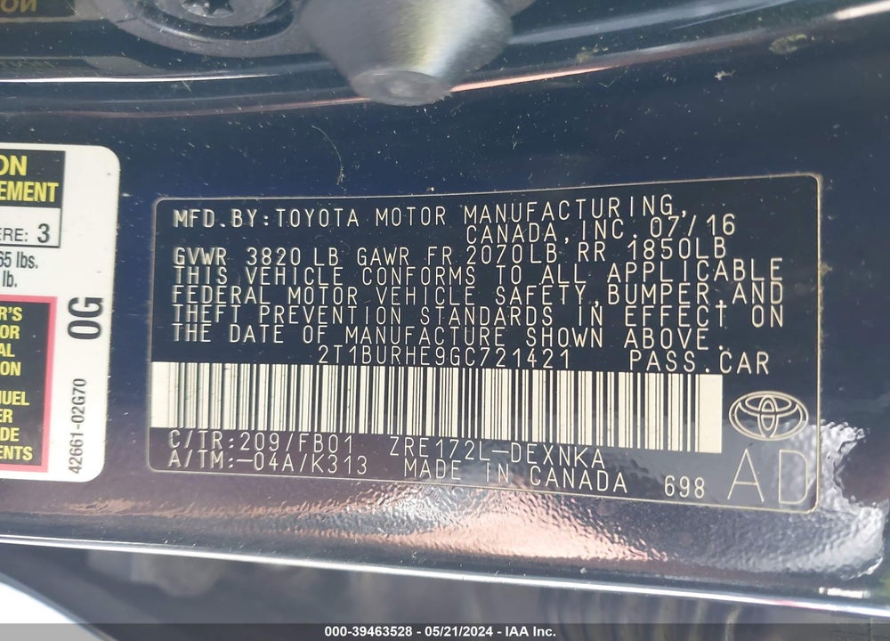 2016 TOYOTA COROLLA LE VIN: 2T1BURHE9GC721421