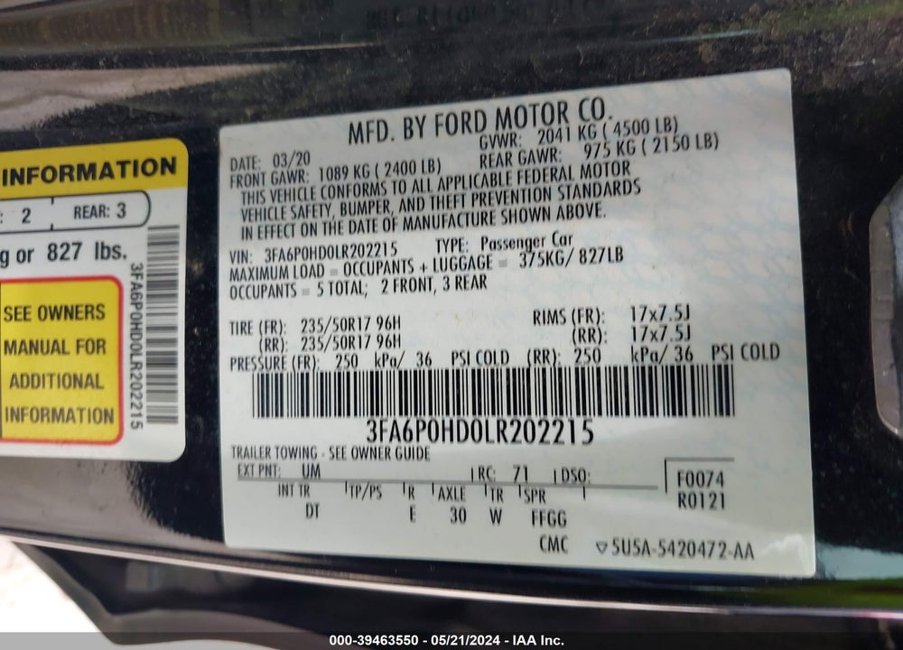 2020 FORD FUSION SE VIN: 3FA6P0HD0LR202215