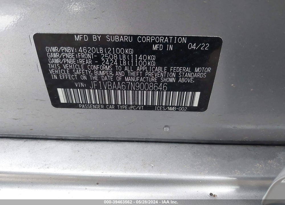 2022 SUBARU WRX VIN: JF1VBAA67N9008646