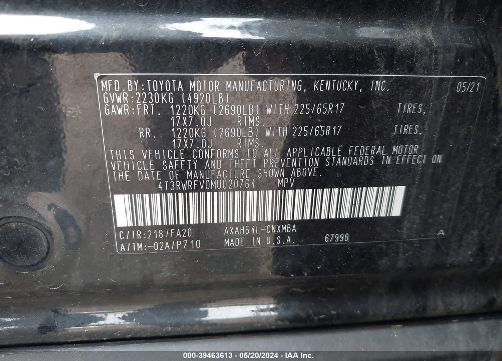 2021 TOYOTA RAV4 XLE HYBRID VIN: 4T3RWRFV0MU020764