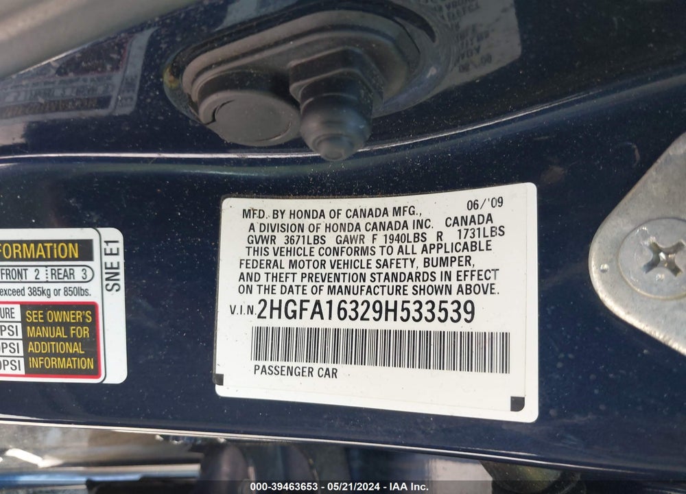 2009 HONDA CIVIC VP VIN: 2HGFA16329H533539