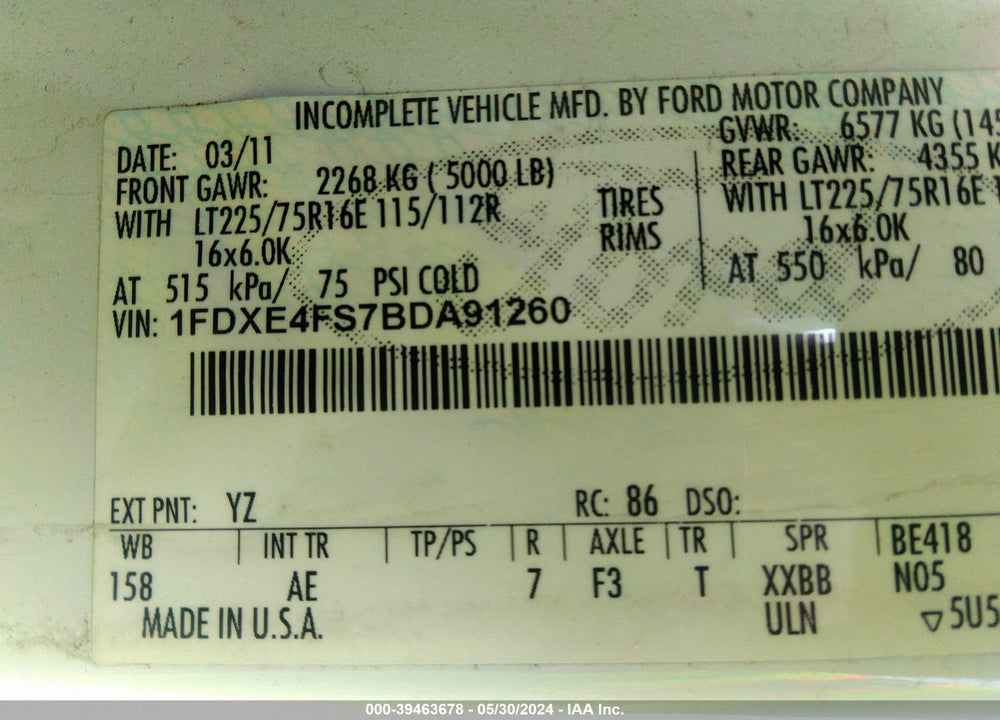 2011 FORD E-450 CUTAWAY VIN: 1FDXE4FS7BDA91260