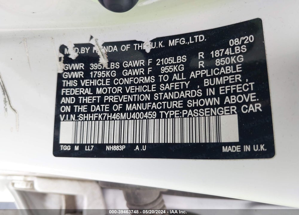 2021 HONDA CIVIC SPORT VIN: SHHFK7H46MU400459