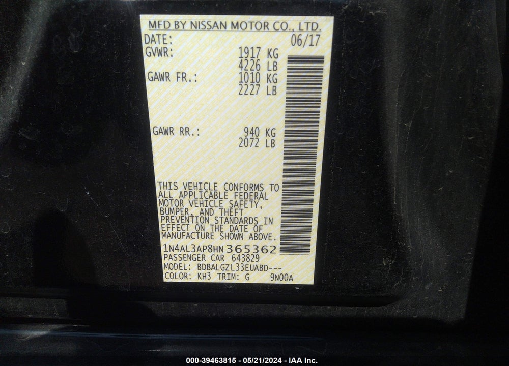 2017 NISSAN ALTIMA 2.5 S VIN: 1N4AL3AP8HN365362