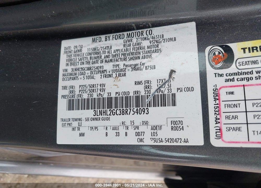 2011 LINCOLN MKZ VIN: 3LNHL2GC3BR754093