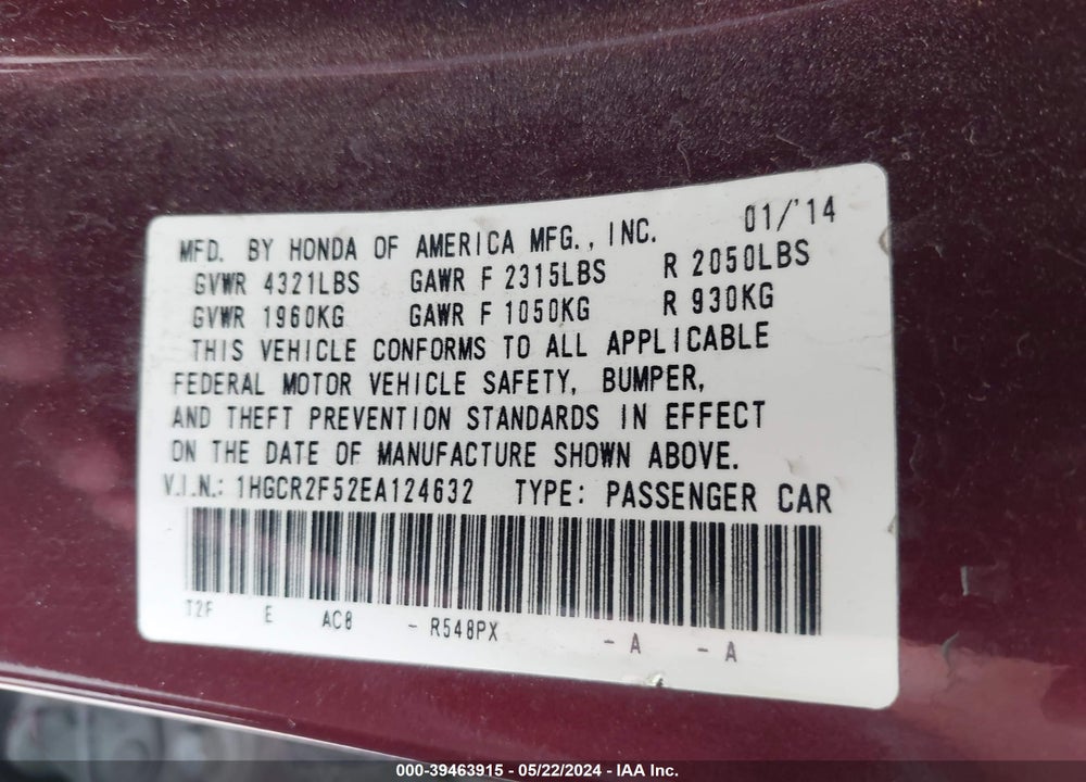 2014 HONDA ACCORD VIN: 1HGCR2F52EA124632