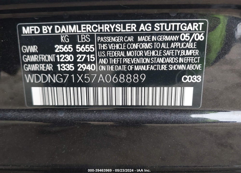 2007 MERCEDES-BENZ S 550 VIN: WDDNG71X57A068889