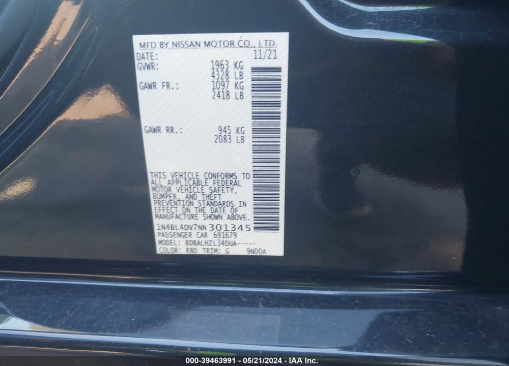 2022 NISSAN ALTIMA SV FWD VIN: 1N4BL4DV7NN301345
