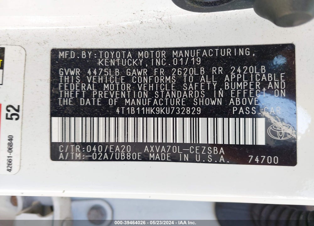 2019 TOYOTA CAMRY SE VIN: 4T1B11HK9KU732829
