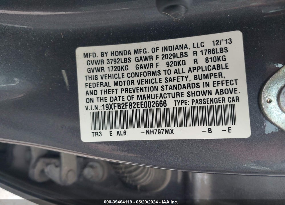 2014 HONDA CIVIC EX VIN: 19XFB2F82EE002666