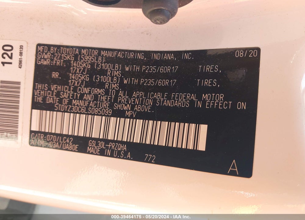 2020 TOYOTA SIENNA XLE PREMIUM VIN: 5TDYZ3DC6LS085099
