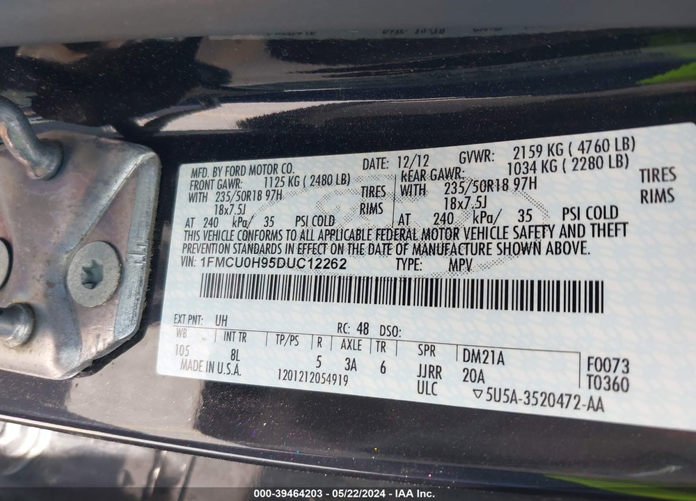 2013 FORD ESCAPE SEL VIN: 1FMCU0H95DUC12262