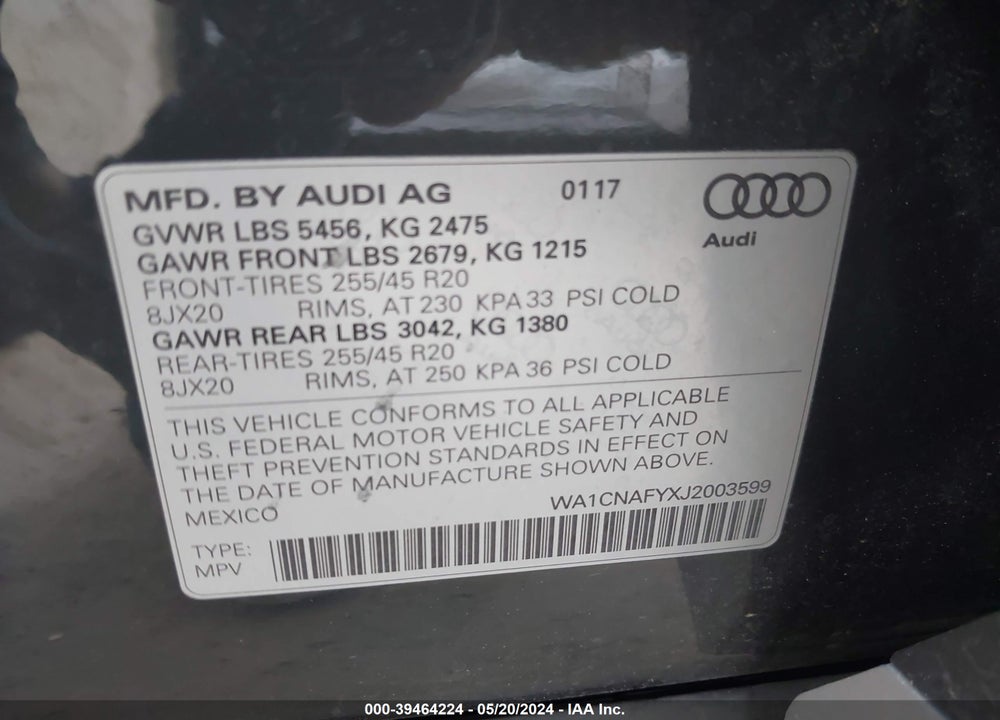 2018 AUDI Q5 2.0T PREMIUM/2.0T TECH PREMIUM VIN: WA1CNAFYXJ2003599