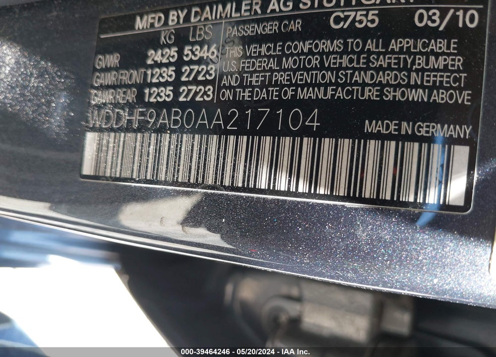 2010 MERCEDES-BENZ E 550 4MATIC VIN: WDDHF9AB0AA217104