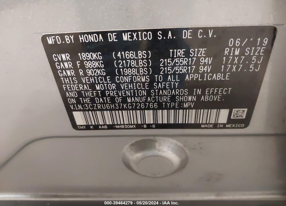 2019 HONDA HR-V LX VIN: 3CZRU6H37KG726766