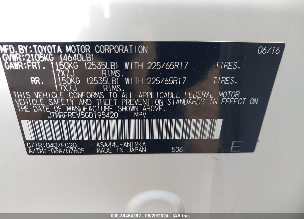 2016 TOYOTA RAV4 XLE VIN: JTMRFREV5GD195420