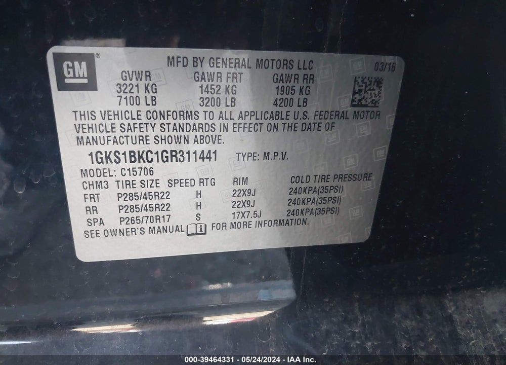 2016 GMC YUKON VIN: 1GKS1BKC1GR311441