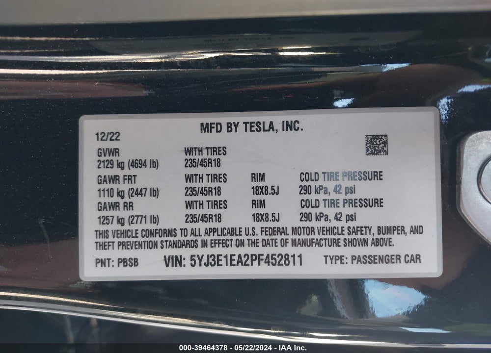 2023 TESLA MODEL 3 REAR-WHEEL DRIVE VIN: 5YJ3E1EA2PF452811