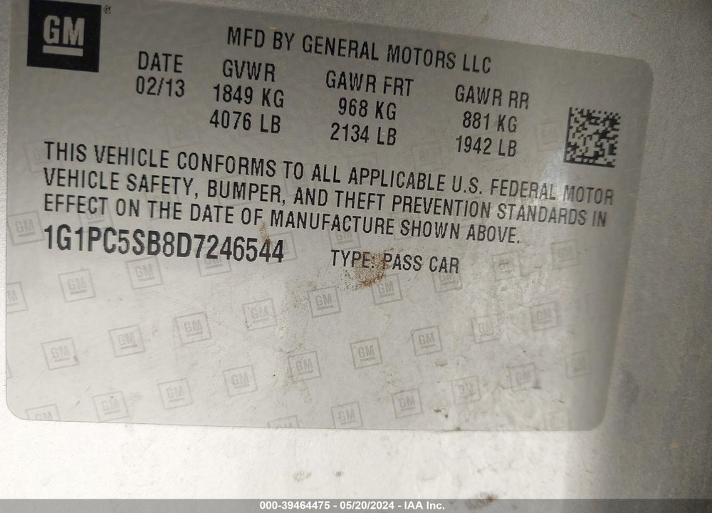 2013 CHEVROLET CRUZE 1LT AUTO VIN: 1G1PC5SB8D7246544